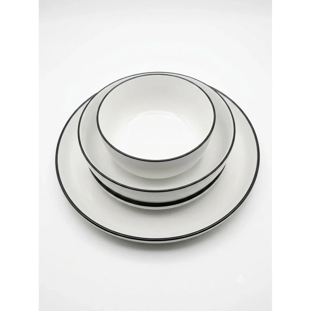 Sur La Table White Porcelain Dinnerware Set Black Rim 4 Piece Place Setting